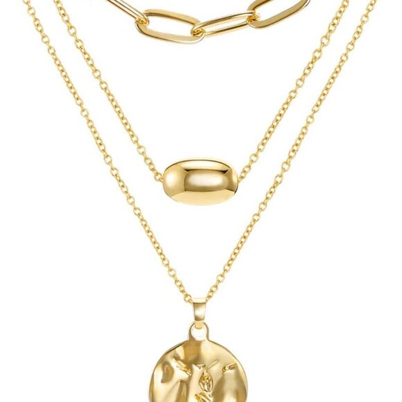 Gold Layered Pendant Long Necklace, 3 Layer Choker Necklace Chain Pendant Costum - Picture 1 of 6
